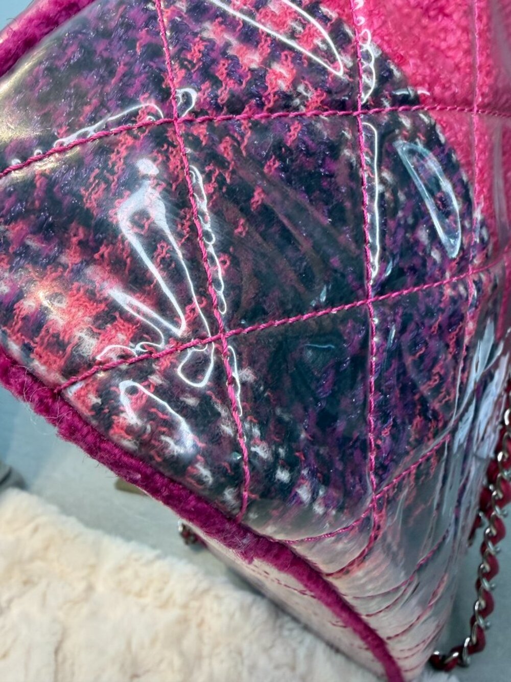 Authentic Chanel Funny Tweed Patchwork Tote Pink Purple Leather Chain Bag - Picture 14 of 16